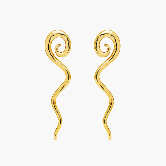 gold spiral snake earrings, swirl earrings, drop earrings gold, dangle earrings, gold earrings, statement earrings, trendy earrings, summer jewelry