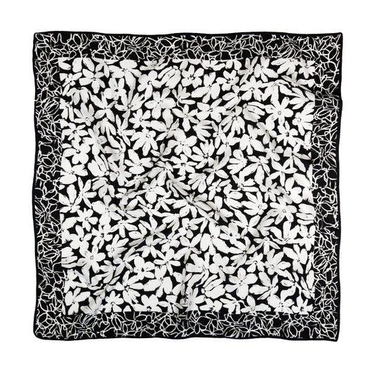 Black and white silk scarf hand painted, chic neck scarf, flower print, Monochrome bandana for women, head scarf, headscarf, Floral print pattern, gift for her, Christmas gift idea, Black Friday, Fashion accessory, designer scarf, square shawl