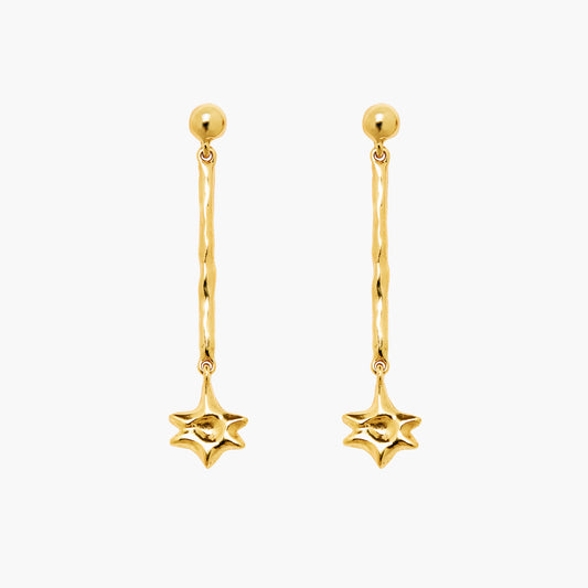 star dangling earrings gold, dangle starburst earrings, drop earrings, teardrop earrings, shooting star earrings, trendy jewelry