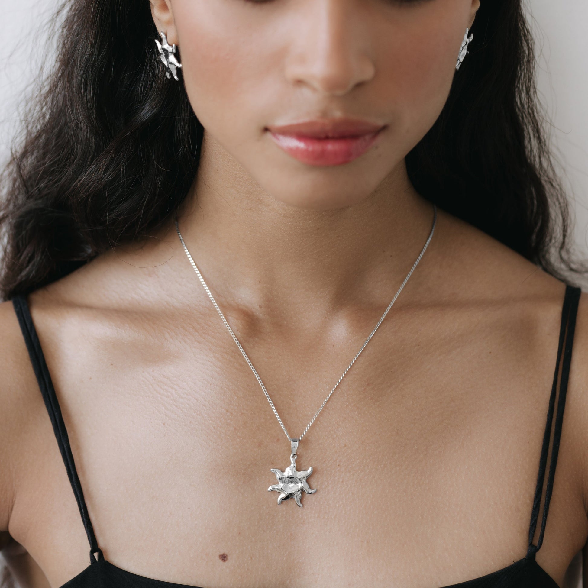 sunburst necklace, sunbeam silver necklace, silver sun necklace, sun pendant charm, sun symbol medallion, statement necklace, starfish necklace charm, gif for her