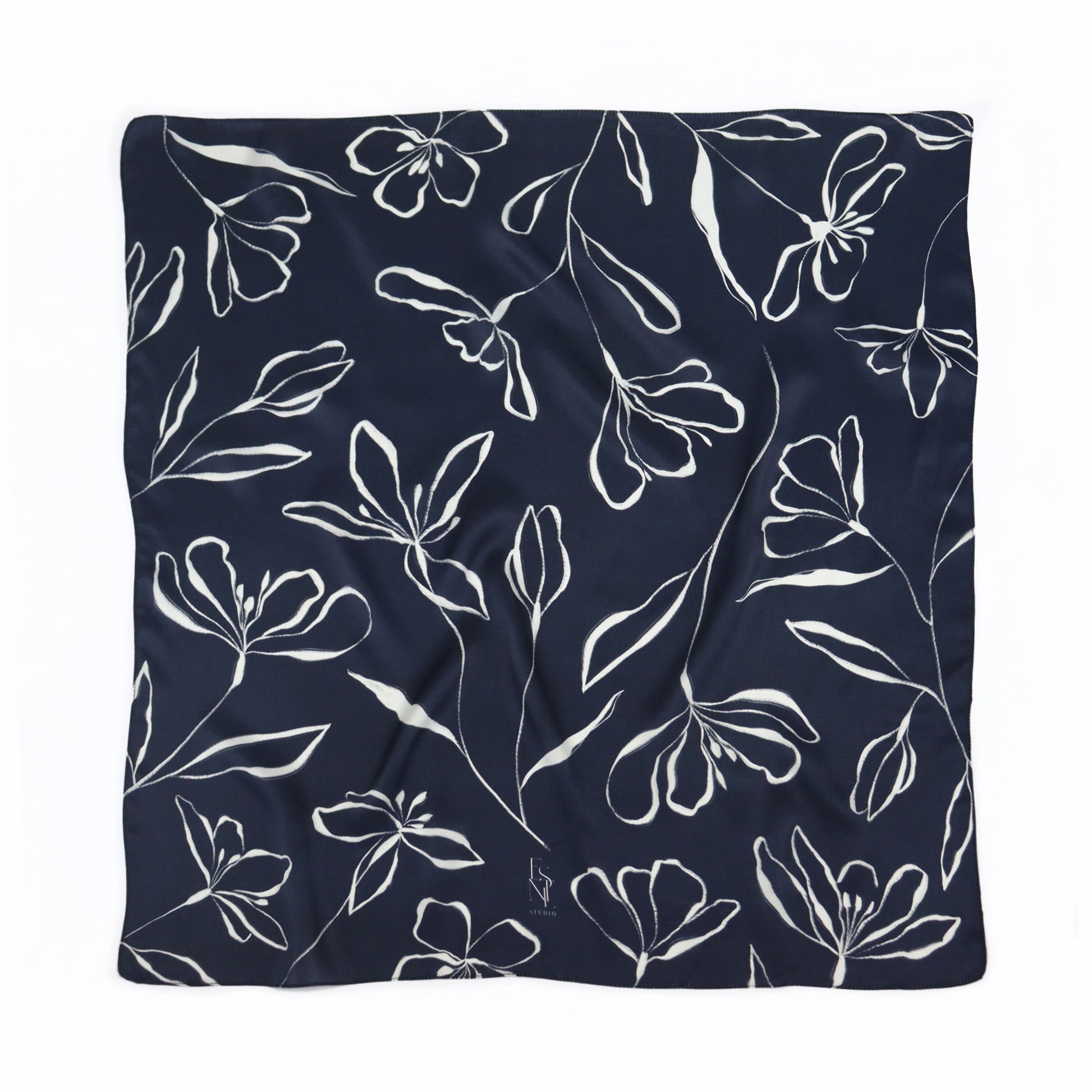 Floral and Chain Print Twill Silk Scarf - Navy